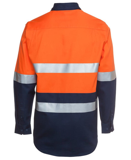 A long-sleeved work shirt in high-visibility orange and navy, featuring reflective stripes and a branding logo.