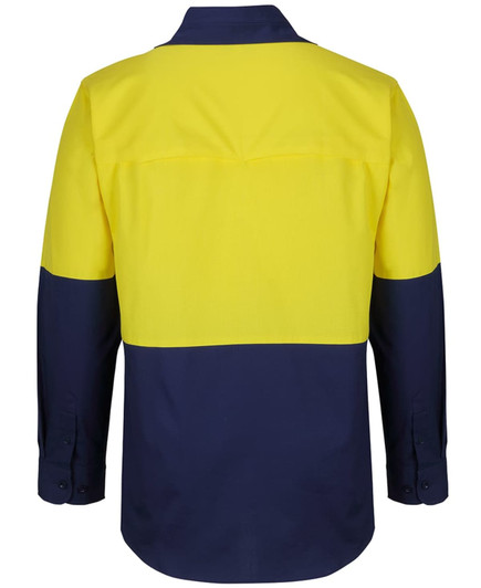 A long-sleeved fishing shirt in yellow and navy with a back design and a visible logo.
