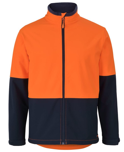 A three-layer softshell jacket in orange and navy, featuring a zip front and a logo.