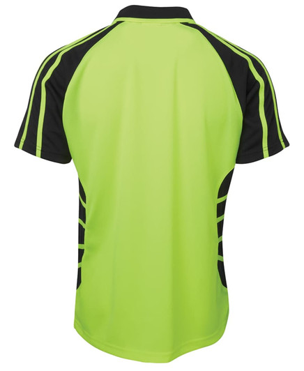 A bright green and black polo shirt with a sporty design and logo on the back.