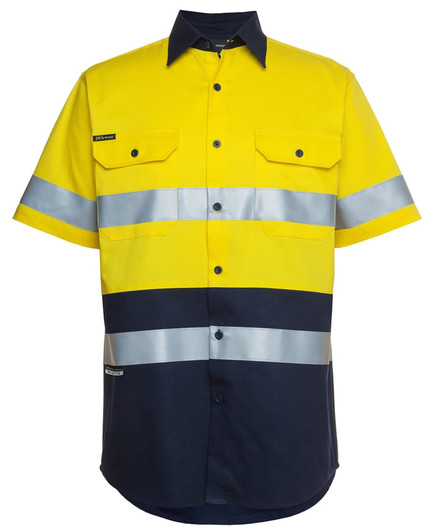 A short-sleeved work shirt in bright yellow and navy, featuring reflective strips and a logo.