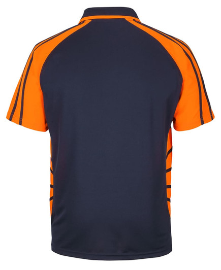 A polo shirt featuring a navy blue base with bright orange accents and a logo on the back.