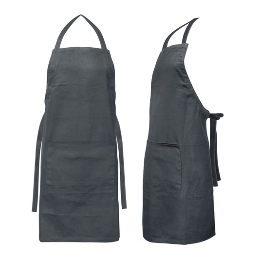 A dark grey Savoy Bib Apron with adjustable ties and front pockets, featuring a logo.