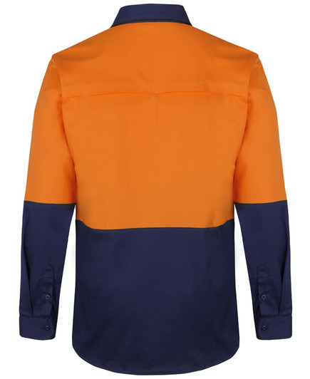 A long-sleeve work shirt in orange and navy blue, featuring a two-tone design and a logo.