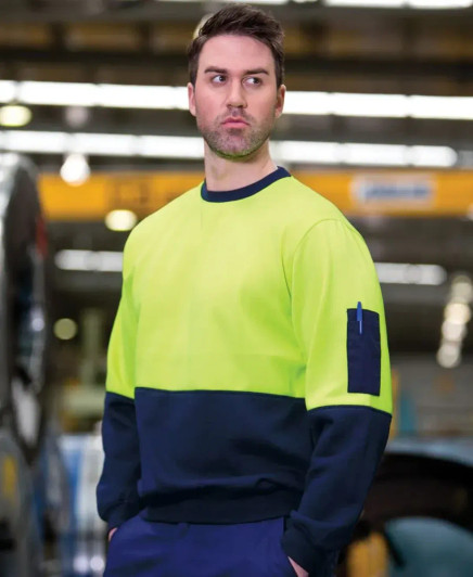 A bright yellow and navy work jumper featuring a logo, designed for workwear usage.