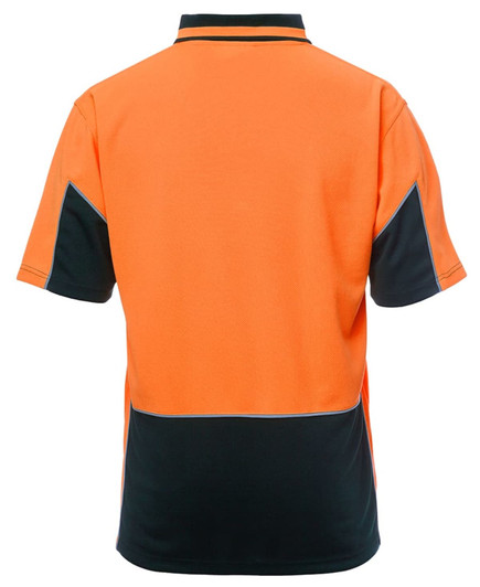 An orange and black short-sleeve polo shirt with a logo, featuring contrast stitching and a collar.