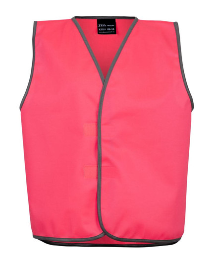 A pink safety vest for kids featuring a sleeveless design and grey edging, complete with a logo.