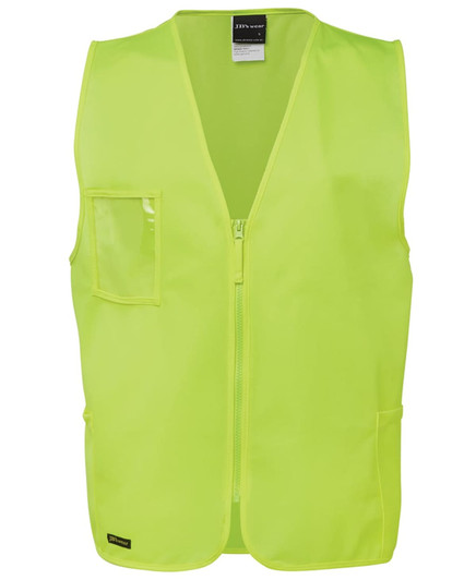A bright yellow safety vest with a front zip and pockets, featuring a logo on the lower hem.
