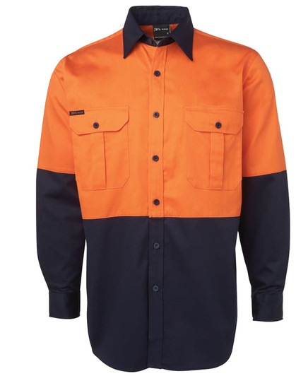 An orange and navy long-sleeve work shirt with two chest pockets and a logo.