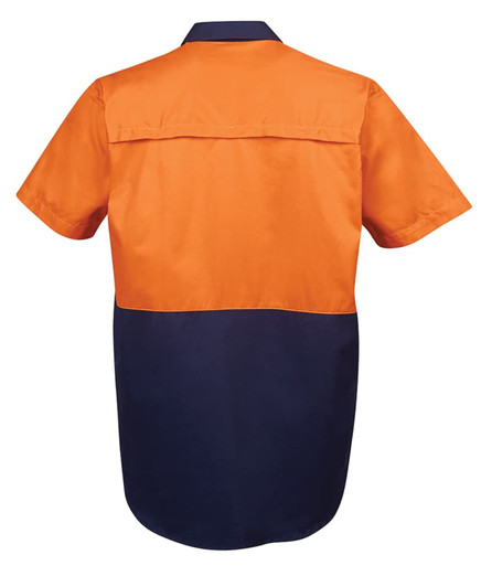 An orange and navy short-sleeved work shirt with a logo on the back.