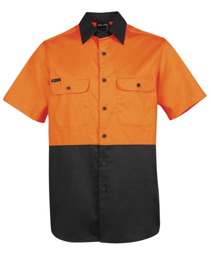 An orange and black short-sleeve work shirt with two front pockets and a logo.