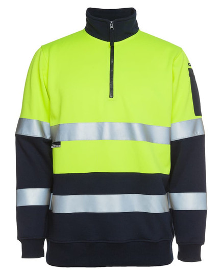 A bright yellow and navy 1/2 zip fleece jumper featuring reflective stripes and a logo.