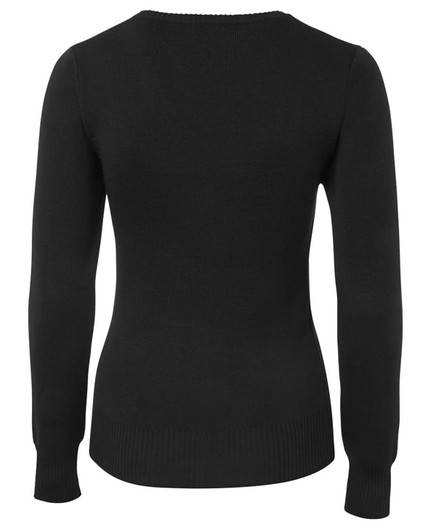 A black knitted jumper featuring a ribbed hem and long sleeves, with a logo on the back.