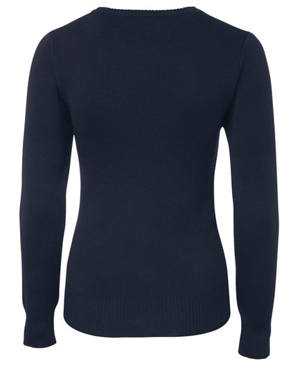 A navy blue ladies' knitted jumper featuring a fitted design and long sleeves, with a ribbed hem and cuffs.