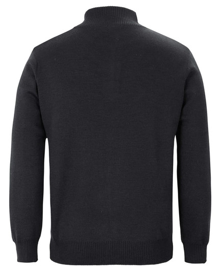 A black knitted men's jumper featuring a half zip and a high neckline, with a smooth, simple design.