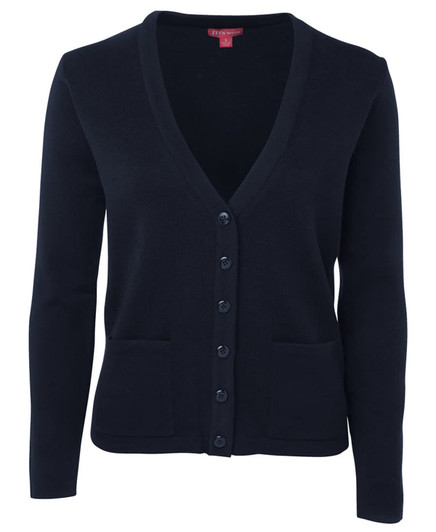 A navy knitted cardigan with a V-neck, button closure, and two front pockets. It includes a brand logo.