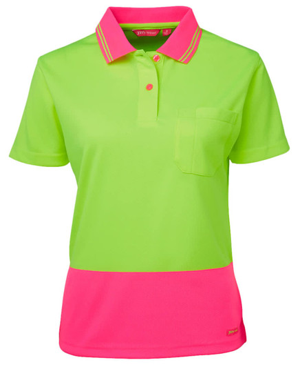 A ladies' short-sleeve polo shirt in vibrant neon green with a pink lower panel and a chest pocket. It features a logo.