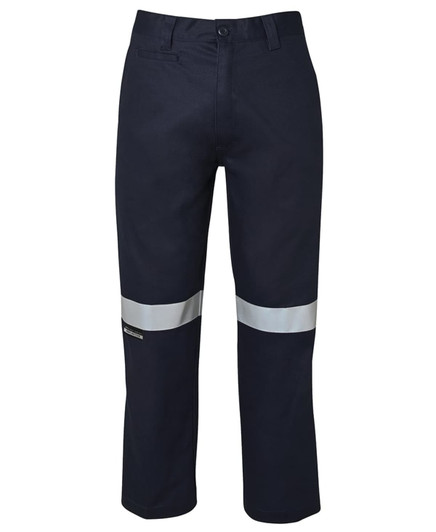 Navy work trousers featuring reflective tape accents, designed for visibility and safety. Includes a logo on the leg.