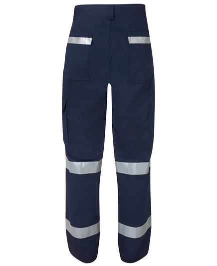 Navy work pants with multiple pockets and reflective tape, featuring a logo on the waistband.
