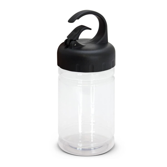 A drink bottle with a clear body and a black, ergonomic cap featuring a carabiner-style hook.