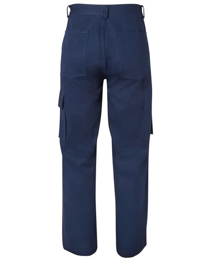 Navy cargo pants featuring multiple pockets and a logo on the back.
