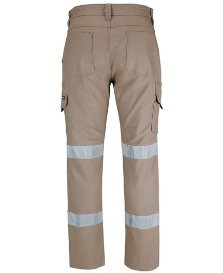 A pair of light brown cargo pants featuring reflective D+N tape across the lower legs and multiple pockets.