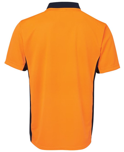 An orange short-sleeved polo shirt with navy side panels and a collar, featuring a logo on the front.