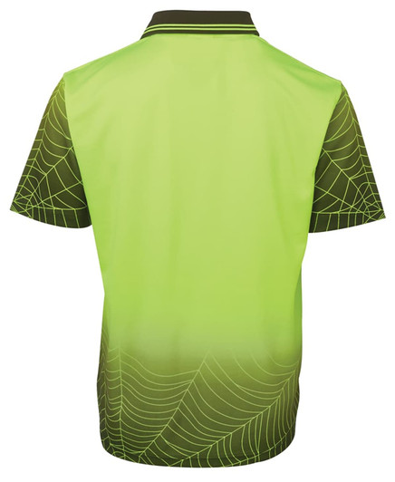 A high-visibility short-sleeve polo shirt in bright green with a black web design. Features a logo on the back.