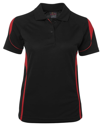 A black polo shirt with red side accents and a collar, featuring a logo on the front.