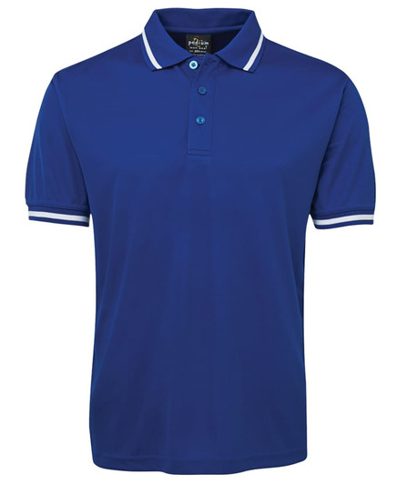 A blue polo shirt featuring white accents and a logo on the chest. Short sleeves and a buttoned collar.