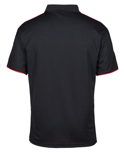 A black polo shirt featuring red detailing and a collar, with a logo on the upper back.