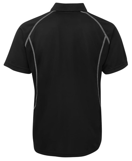 A black polo shirt featuring a distinct design with contrasting stitching and a logo.
