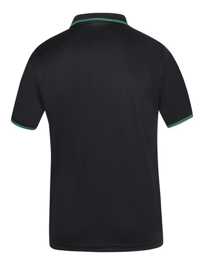 A black polo shirt with a contrasting green collar and sleeves, featuring a logo on the back.