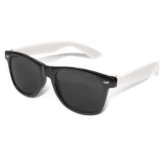 Malibu Premium Sunglasses featuring black lenses and white arms, with a logo on the frame.