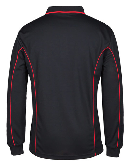 A black long-sleeve polo shirt with red piping and a logo on the back.