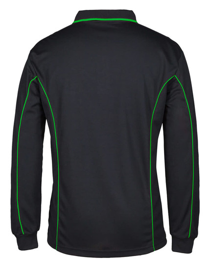 A black long-sleeve polo shirt featuring green piping along the seams and a logo on the front.