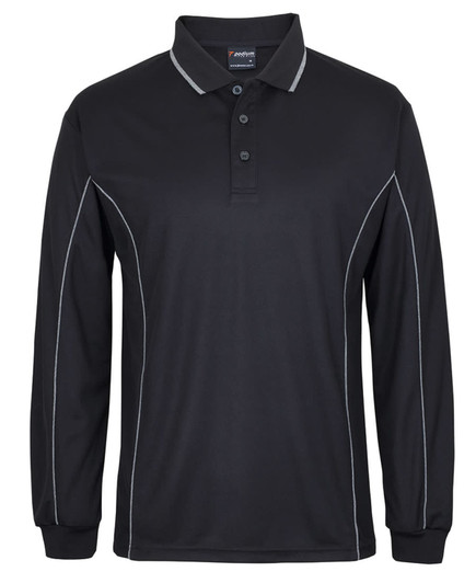 A long-sleeve black polo shirt with contrasting piping and a logo on the collar.