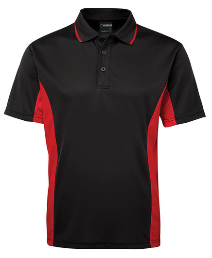 A black polo shirt with red side panels and a logo on the chest. Features a three-button placket and a collar.
