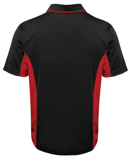 A black polo shirt with red accents, featuring short sleeves and a collar, has a logo on the back.