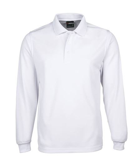 A long-sleeve white polo shirt featuring a collar and buttons, with a branding logo on the chest.