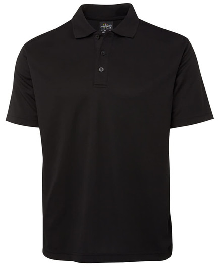 A black short-sleeve polo shirt with a collar and three buttons, featuring a logo.