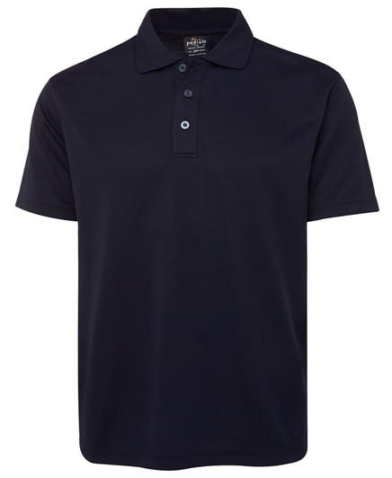 A navy blue polo shirt with a three-button placket and a collar. It features a logo on the chest.