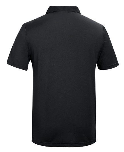 A black polo shirt with a classic short-sleeve design and a collar. It features a logo on the garment.