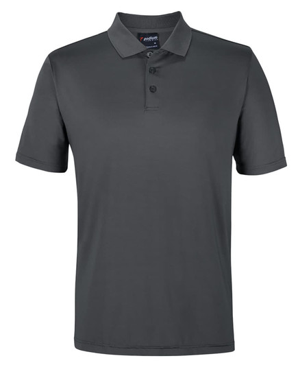 A grey polo shirt with a classic collar and three-button placket, featuring a logo.