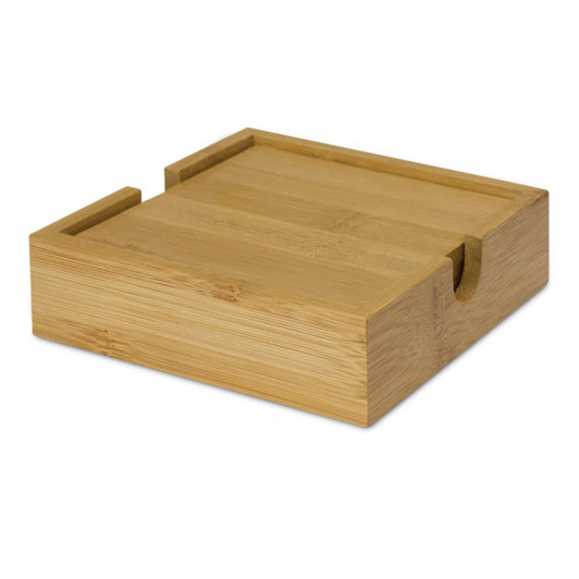 A bamboo coaster with a natural finish, featuring a groove on one side and a smooth surface.