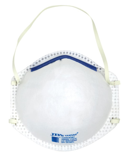 A white respirator mask with a blue strip and elastic straps, featuring a logo on the front.