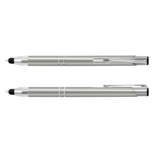 A metal stylus pen in silver and black, featuring a sleek design and a clip, along with a logo.