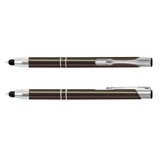 A metal stylus pen in dark brown with silver accents, featuring a clip and a rubber tip for touchscreen use.