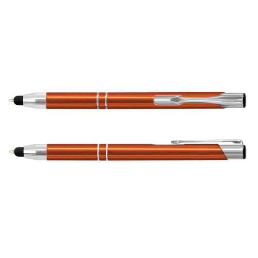 An orange metal stylus pen with silver accents, featuring a clip and a rubber tip for touchscreens.