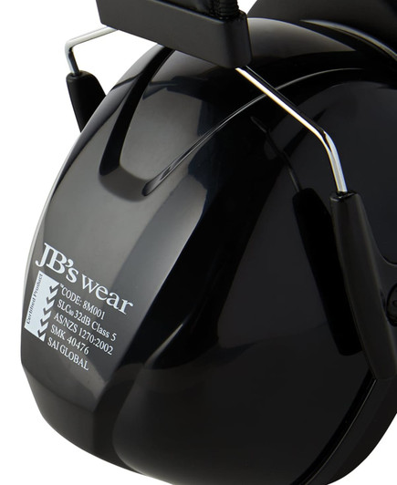 A black ear muff with a glossy finish, featuring a logo and metallic hinges, designed for noise reduction.